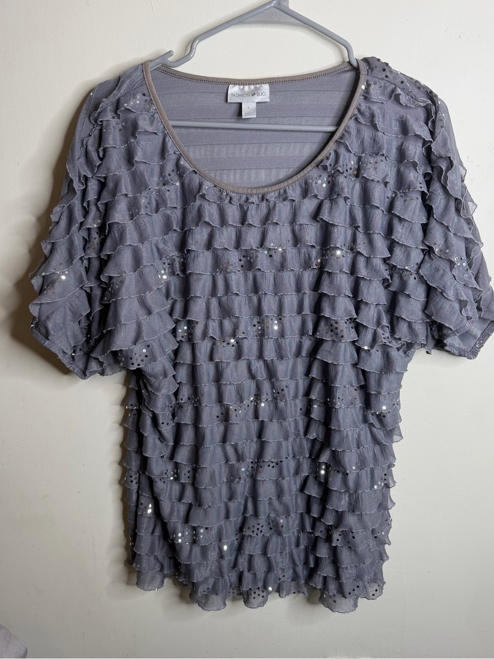 Y2K Fashion Bug Gray Ruffle Sequin Short Sleeve Top